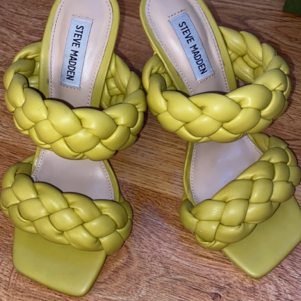Yellow rope twist open toe heels